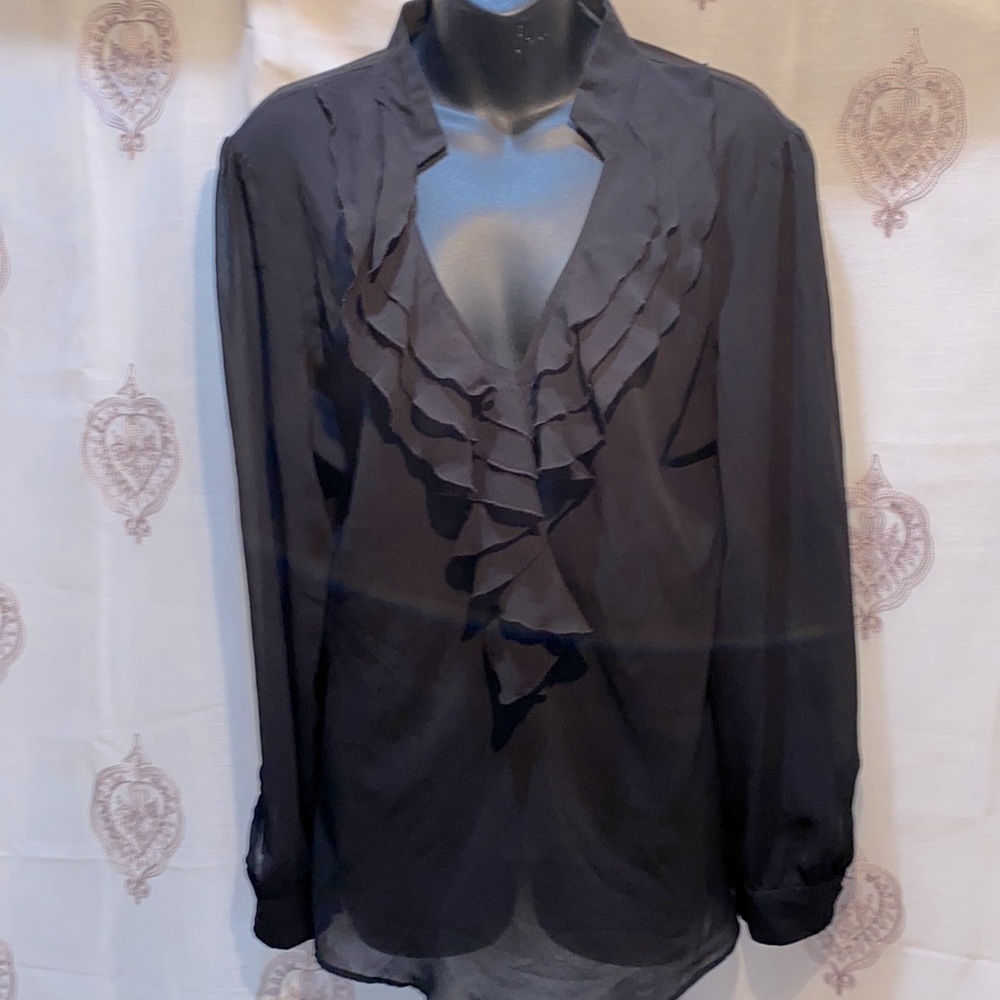 NEW YORK & COMPANY BLACK RUFFLE/CHIFFON/POLYESTER LONG SLEEVE BLOUSE SZ 16